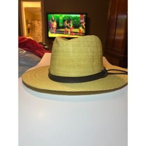 Scala Classico Handmade Straw Fedora Hat Yellow Green Wide Brim Brown Band